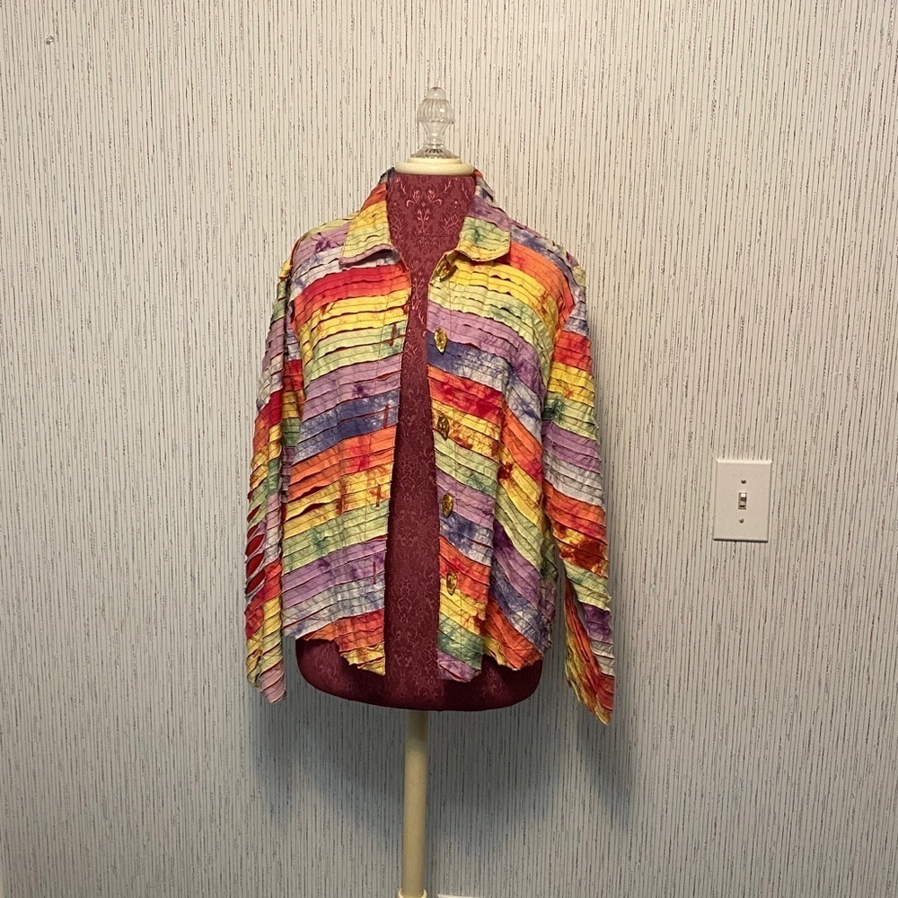 KEREN hart Size Medium Vintage Art to Wear Jacket Tie Dye Rainbow Ribbon